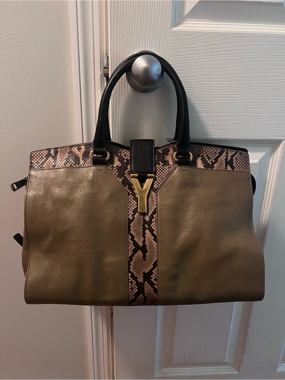 Rare YSL Cabas ChYc Tote in Olive Green with Snake-Print Trim
